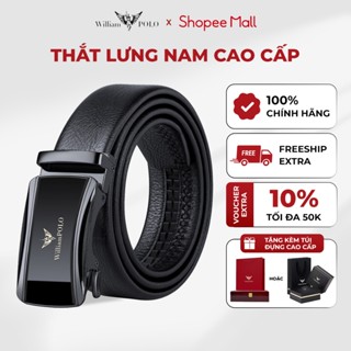 Thắt lưng nam mặt kính viền bạc cao cấp Williampolo, dây nịt nam da bò kèm hộp đựng - POLO621