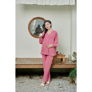 Bộ bầu mặc nhà, set đồ thu đông Floral cổ V khóa kéo ngực thuận tiện chất len tăm ấm áp thiết kế by Lamme