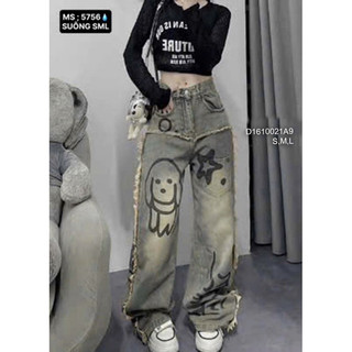 Quần jean ống suông in hình, quần bò nữ VIENS STORE