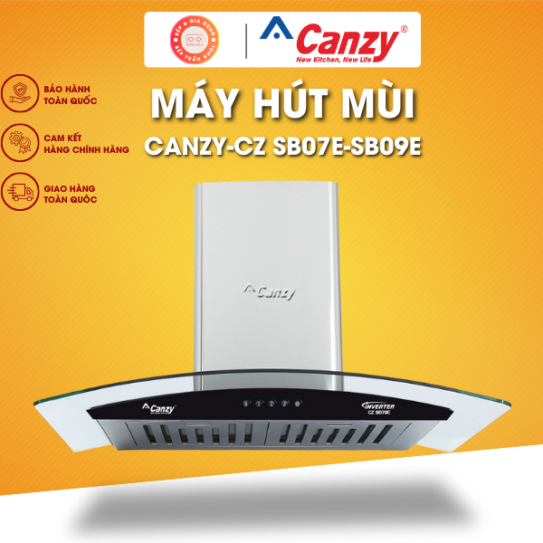 Máy hút mùi kính cong Canzy SB09E - 90cm, Công suất hút mạnh mẽ 1200 m³/h, Động cơ tuabin siêu bền, Bảo hành 3 năm
