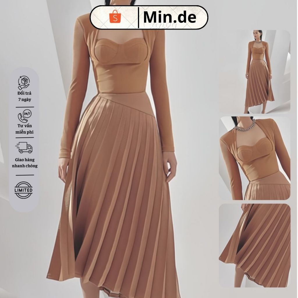 THANH LÝ MỚI - Áo Tay Dài Cổ Vuông x Chân Váy Midi Xếp Ly CHATS-CHATS-105