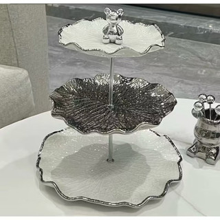 Khay Sứ 3 Tầng Hoạ Tiết Lá Sen Tay Cầm Gấu Bearbirck Viền Mạ Bạc Cao Cấp