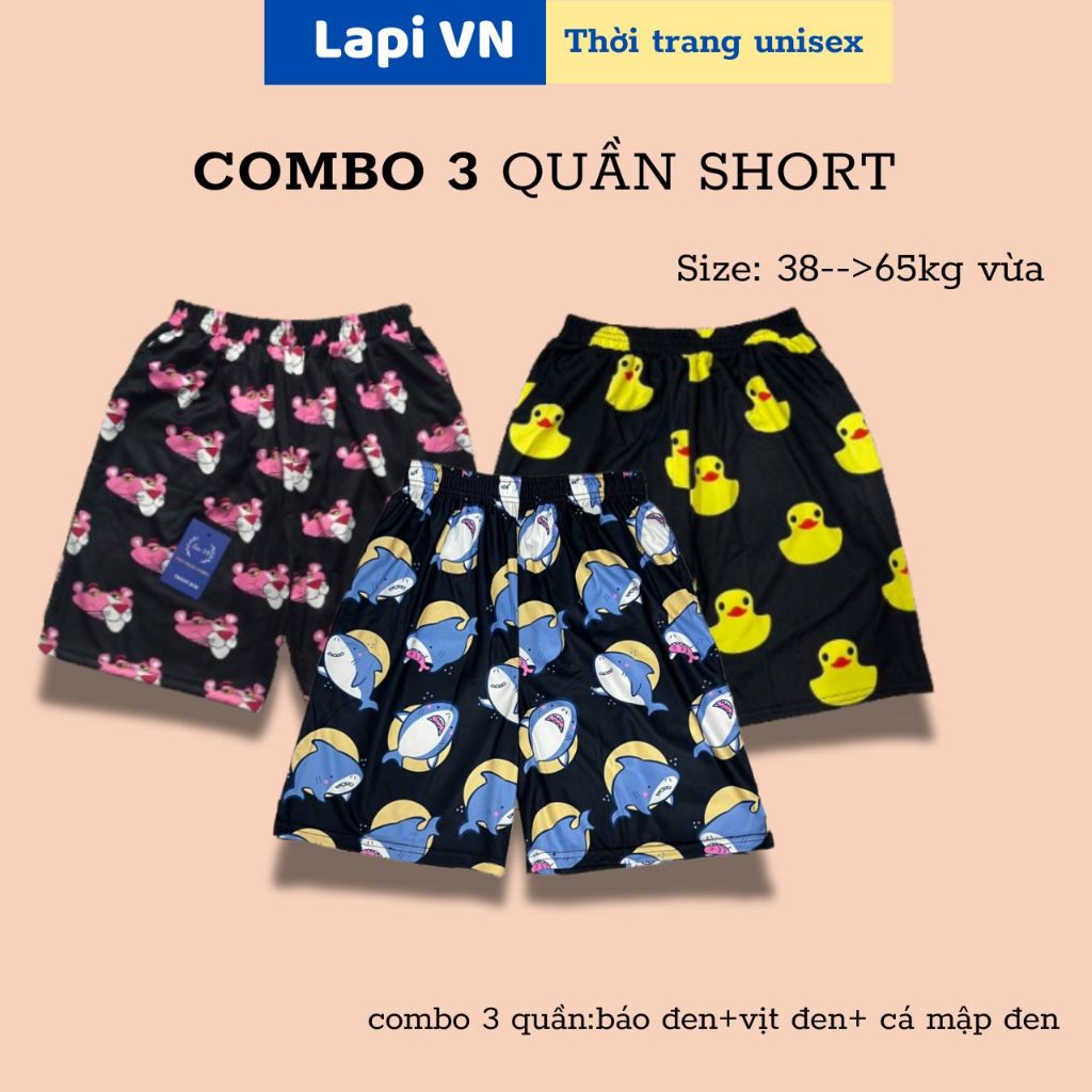 COMBO 3 Quần Short Hoạt Hình -Lapi VN ,FREESIZE đến 65kg, Nam Nữ Đều Mặc Được, Quần Lửng Mặc Nhà Thoáng Khí Thoải Mái