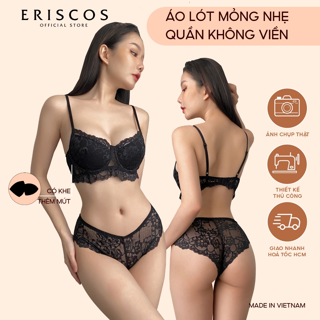 Bộ Đồ Lót Ren Nữ Áo Quả Chéo Quần Lót Tam Giác Có Gọng Không Mút Lót Gợi Cảm Thoải Mái Eriscos