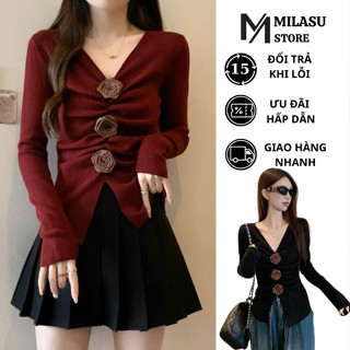 Áo len dài tay nhúm đính hoa MILASU áo len nữ mỏng cổ V 320