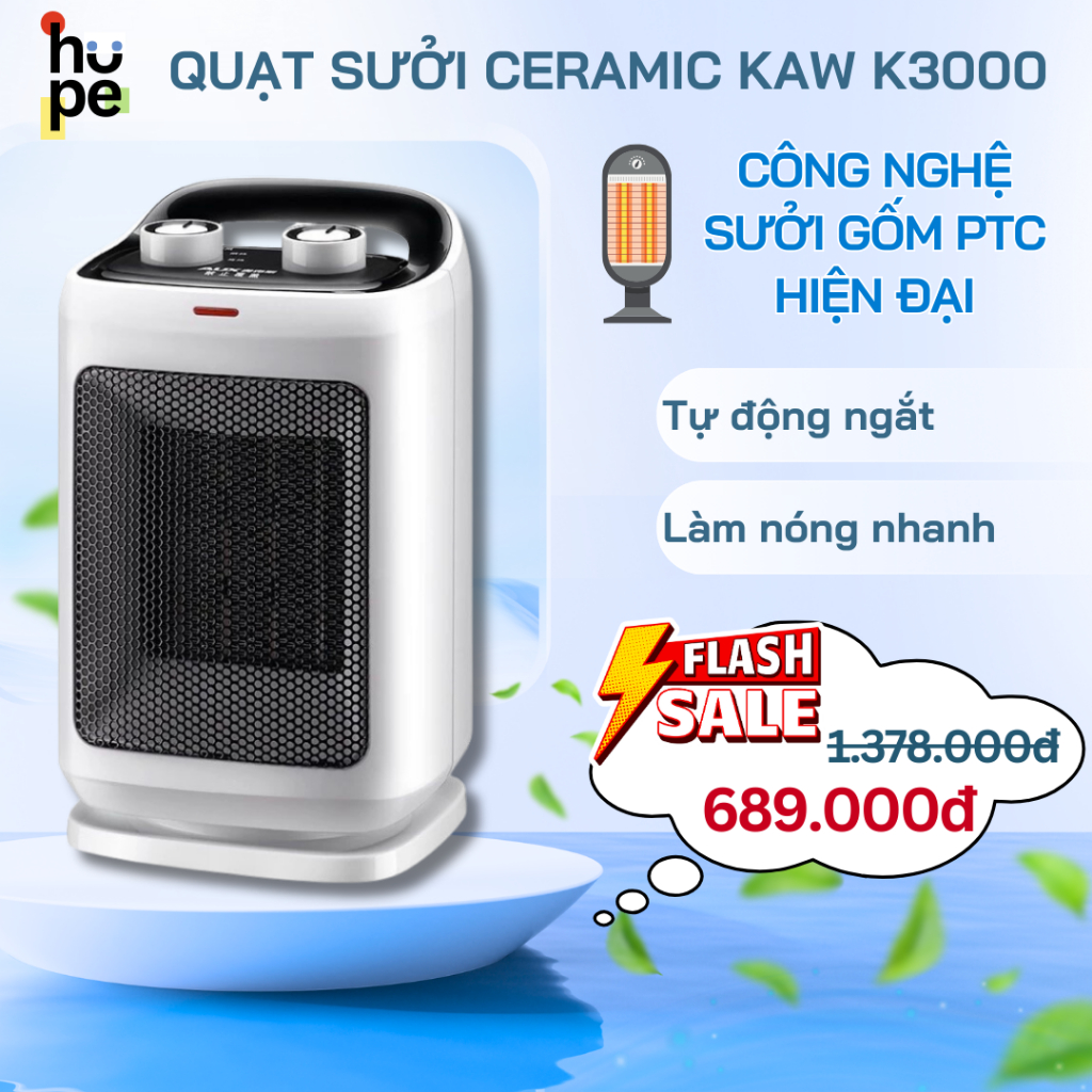 Quạt sưởi Ceramic KAW K3000 công suất 1500W, Tự Động Ngắt Điện, Làm Nóng Nhanh, An Toàn Sử Dụng Bảo Hành 12 Tháng
