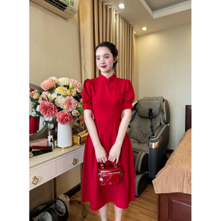 Đầm dự tiệc phối nút bọc cổ cách điệu