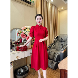 Đầm dự tiệc phối nút bọc cổ cách điệu