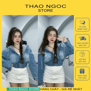 Áo khoác jean nữ croptop có mũ tay dài line bo khóa kéo! (có sẵn, hình thật) THẢO NGỌC STORE