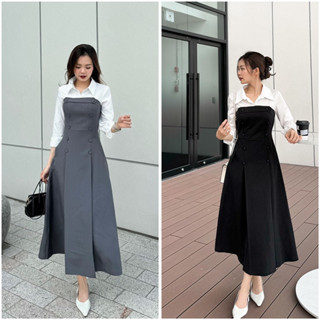 Váy thiết kế sơ mi phối cúp ngực hamyclothing Đầm thiết kế cúp ngực kết hợp áo sơ mi màu đen xám