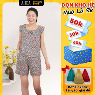Bộ Lanh Nữ AHOA Áo Sát Nách Quần Đùi, Đồ Bộ Trung Niên Cho Mẹ Vải Tole Hoa Nhí, Bộ Đồ Lanh Nữ Mặc Nhà Mùa Hè BL8