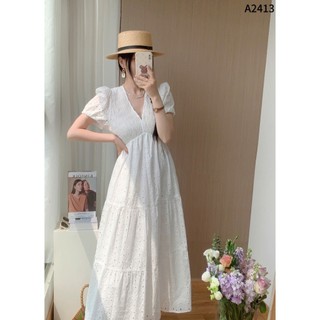 Đầm xuông maxi thô ren 2 màu đen trắng A2413