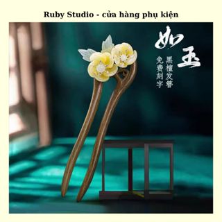 [TẶNG HỘP] Trâm Cài Tóc Gỗ Đàn Hương Xanh Đính Hoa Đôi - Ảnh Thật.