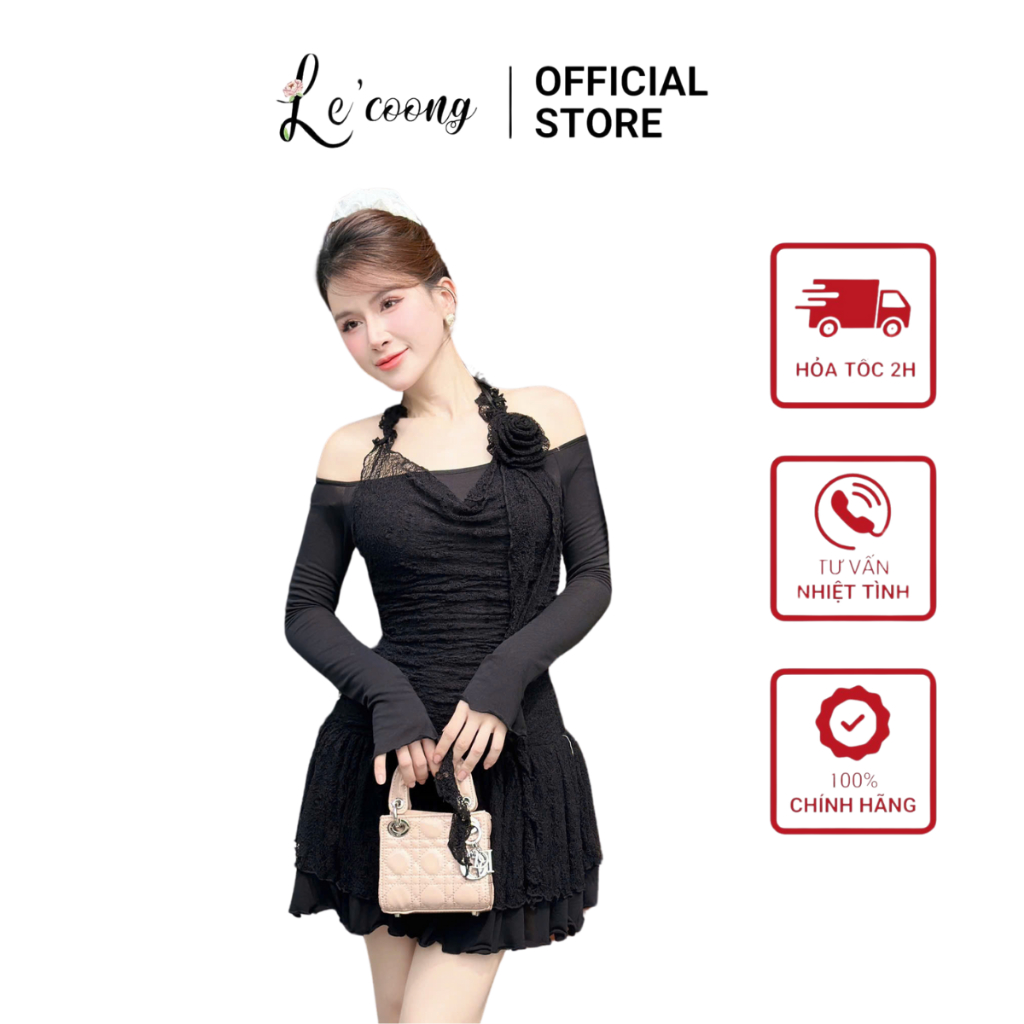 Váy Đẹp Dáng Ngắn Phối Ren Xếp Tầng LECOONG V676 Đầm Tiểu Thư Trễ Vai Màu Be Đen