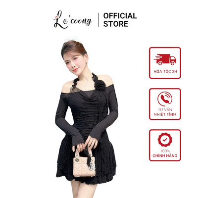 Váy Đẹp Dáng Ngắn Phối Ren Xếp Tầng LECOONG V676 Đầm Tiểu Thư Trễ Vai Màu Be Đen