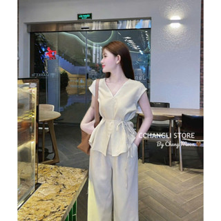 Set bộ thời trang nữ áo tay ngắn cổ V dây cột eo phối quần dài ống rộng chất tuyết nhung xịn xò mẫu mã mới