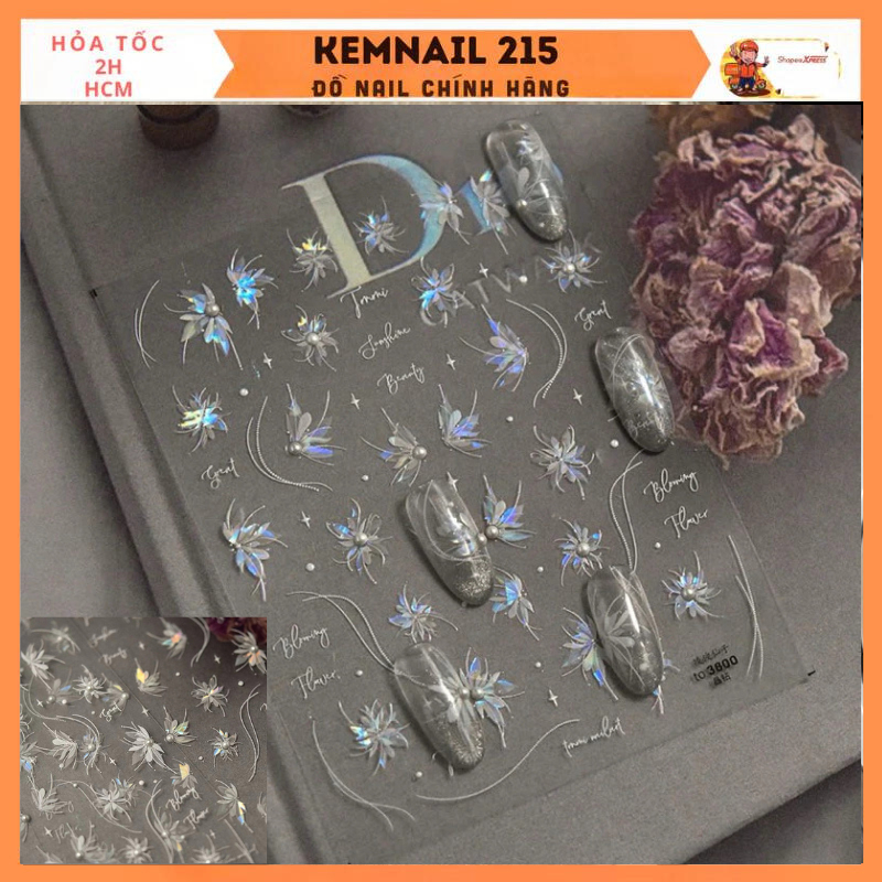 Sticker lụa 5D bướ m lấp lánh gắn ngọ c trai ms3800 dán móng chuyên dụng kemnail215