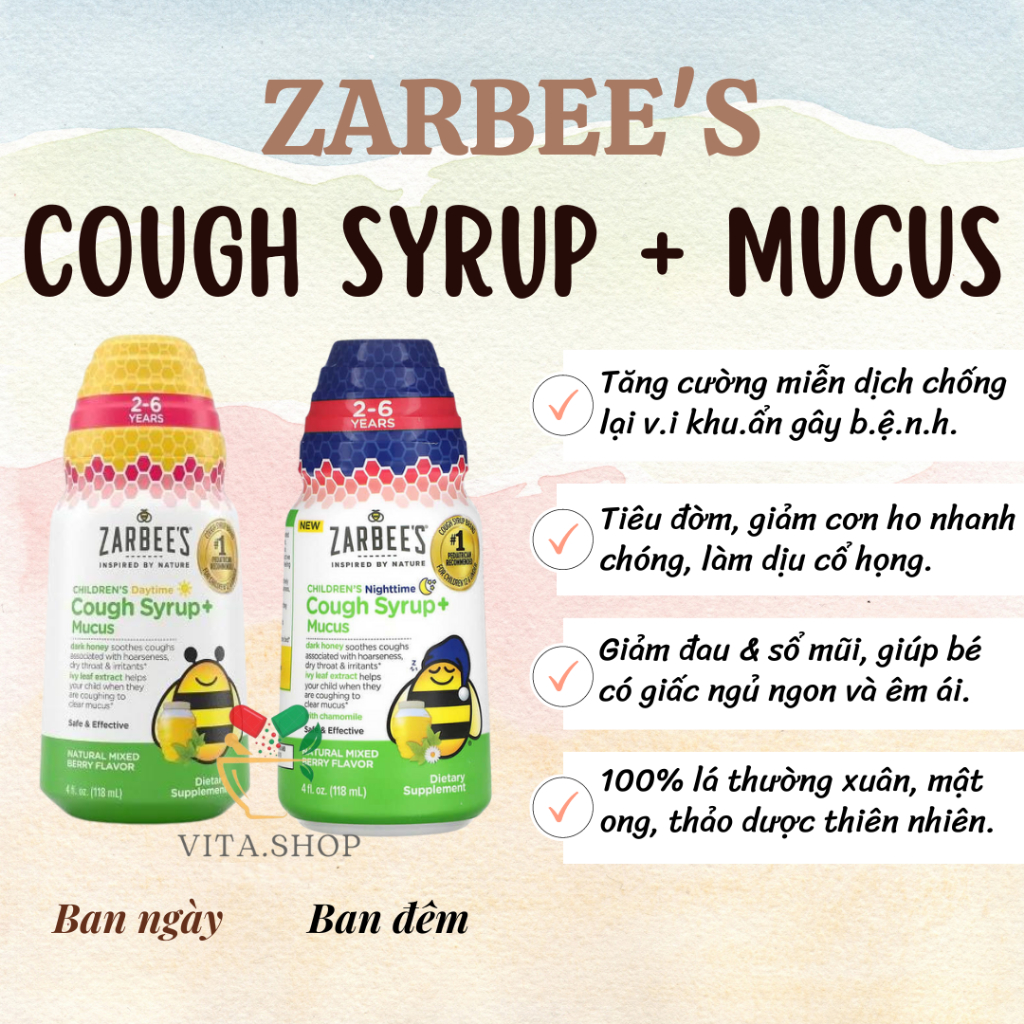 [Mẫu mới] Siro ho tiêu đờm Zarbee's Cough Syrup + Mucus ngày và đêm 118ml của Mỹ