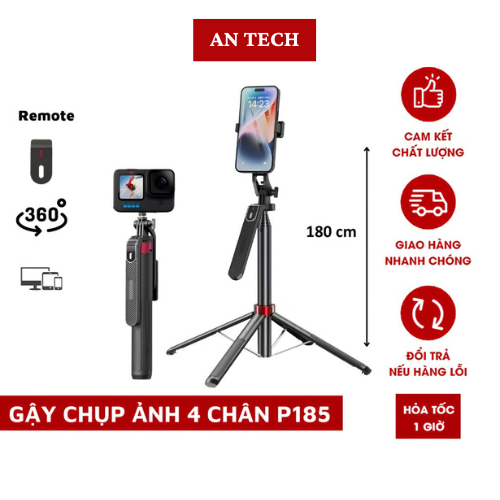 Gậy Chụp Ảnh 4 Chân P185 - Gậy Selfie Cầm Tay Tặng Kèm Remote - Chiều Dài Sử Dụng 30-180cm - Chính H