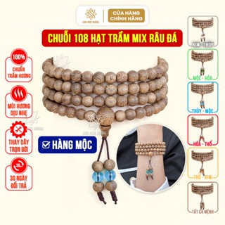 Vòng tay trầm hương chuỗi 108 hạt Sơn Mộc Hương mix râu đá màu phong thủy mệnh kim mộc thủy hỏa thổ