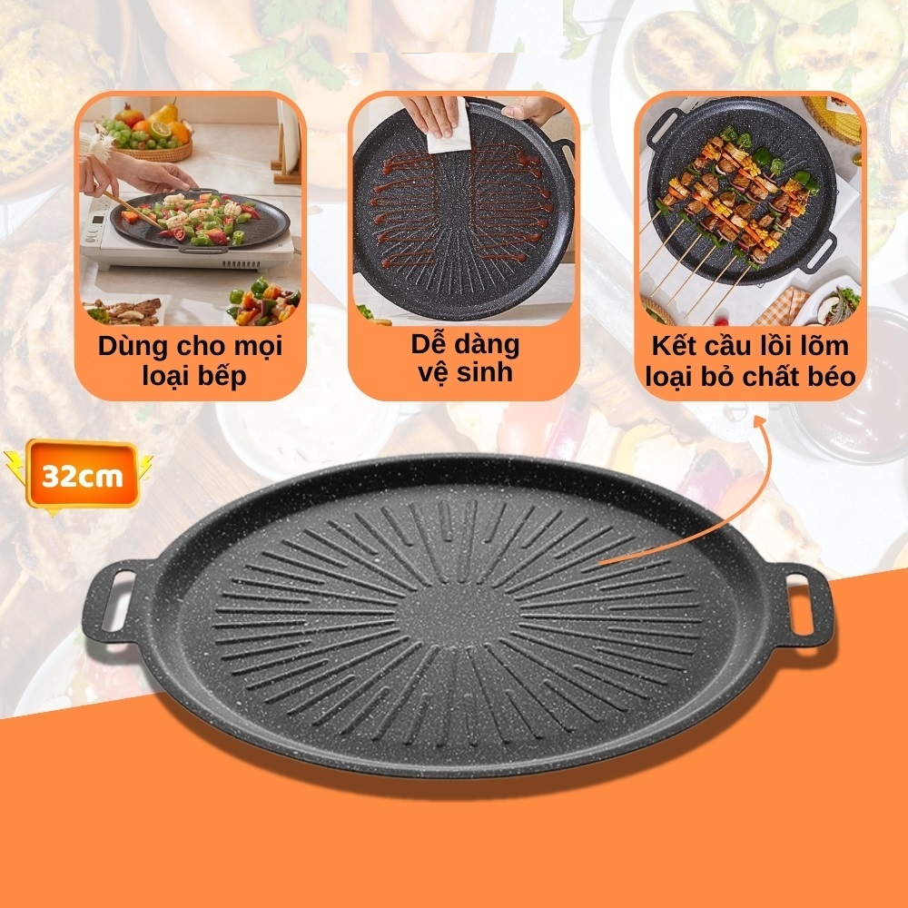 Chảo Nướng Đá Chống Dính Không Dầu Hàn Quốc Size 34cm Chảo Nướng Thịt BBQ Dùng Được Cho Cả Bếp Từ