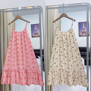 Váy bầu 2 dây nữ chất vải Đũi màu kem nhiều họa tiết