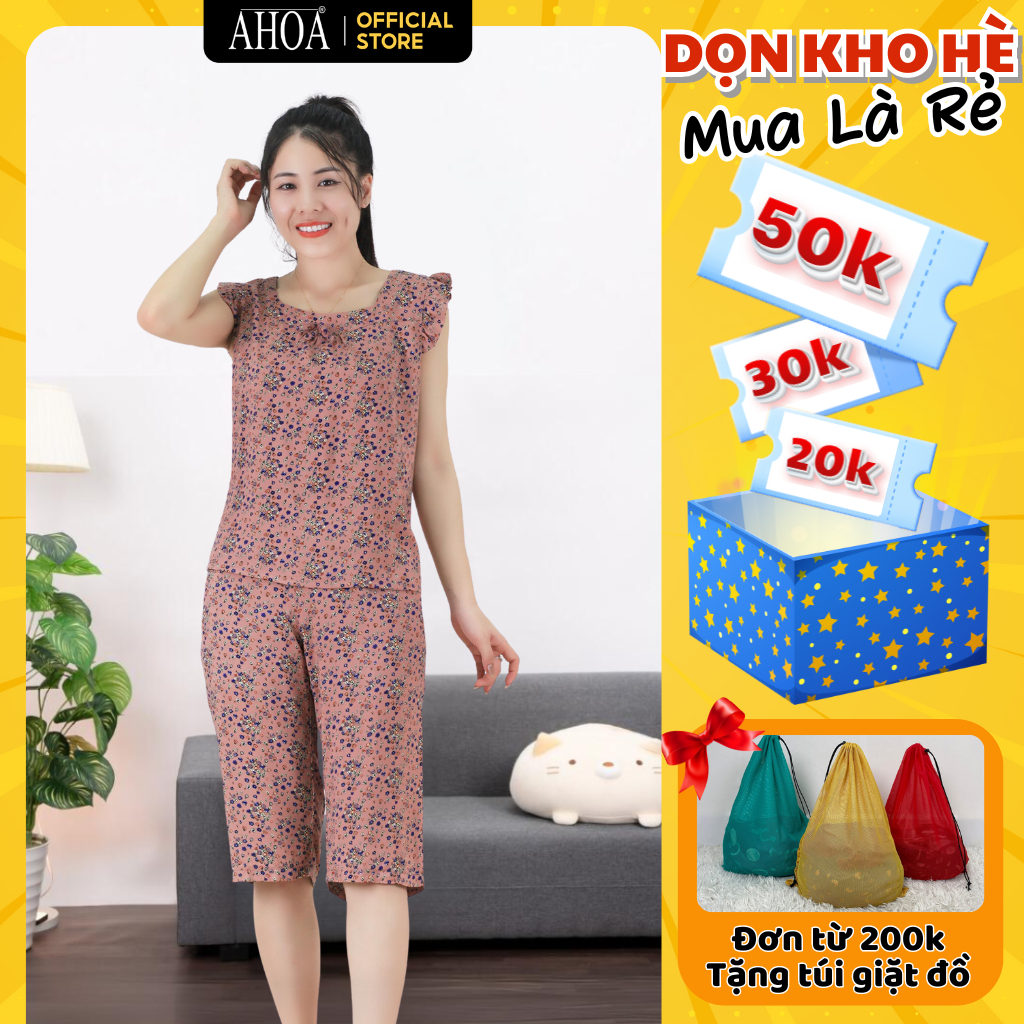 Đồ Bộ Trung Niên Cho Mẹ AHOA Áo Cánh Tiên Quần Lửng, Bộ Đồ Lanh Nữ Mặc Nhà, Bộ Lanh Trung Tuổi Hoa Nhí Cao Cấp BL14