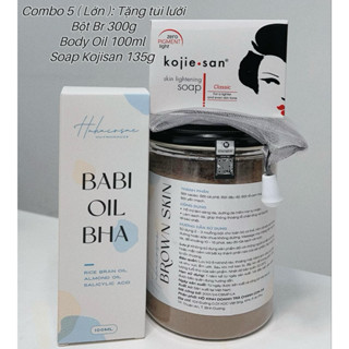 COMBO 5 BỘT NÂU BROWNSKIN+SOAP KOJIESAN+BABI OIL HỖ TRỢ DƯỠNG DA BODY