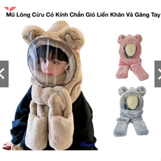 Mũ Len Lông Trùm Đầu Có Kính Chắn Gió Kèm Khăn Quàng Cổ Và Găng Tay Cho Bé, Nón Len Lông Cừu Có Bao Tay