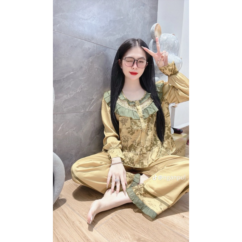 Đồ Bộ Tiểu Thư cổ tròn phối tơ voan 2ce lụa latin tơ tằm mát mịn nhẹ Đô bộ nữ mặc nhà , Pijama nữ 2C