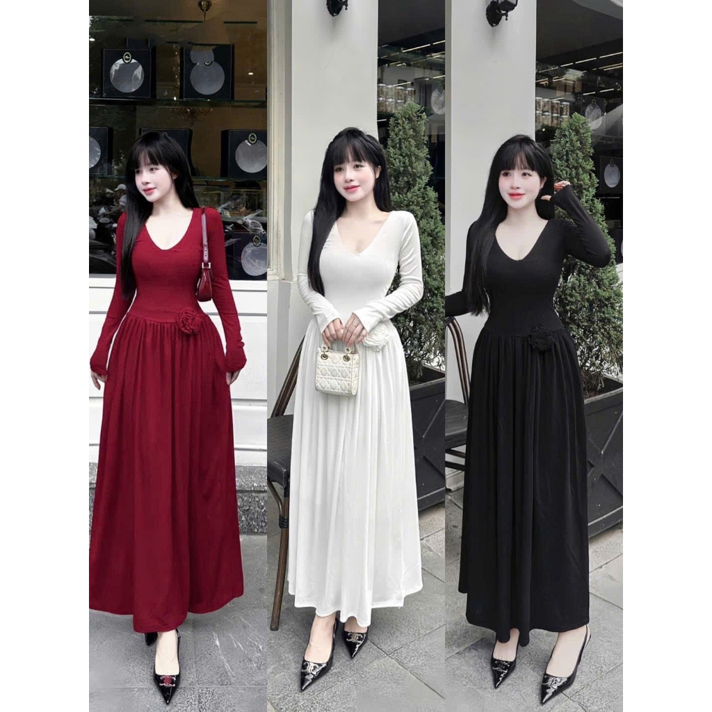 Đầm Body Cổ Tim Tay Dài Đính Hoa Dáng Xòe Dài