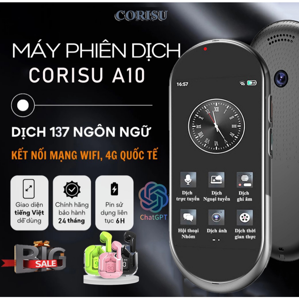 Máy Phiên Dịch CORISU A10 Sim 4G Wifi TẶNG kèm tai nghe Dịch Giao Tiếp OFFLINE 17 Ngôn Ngữ, Chat GPT Phản Hồi Siêu Nhanh