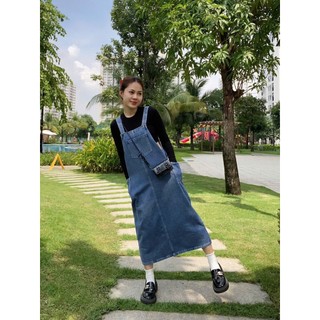  Váy yếm jean VIOLE669 yếm bò dáng dài xẻ tà trước denim hai dây cúc điều chỉnh độ dài 
