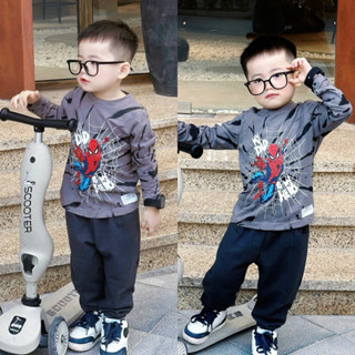 Bộ Thu Đông Cho Bé Trai, Bộ Nhện Ghi Quần Đen Tia Chớp Áo Thu Đông Quần Nỉ Cho Bé từ 9 đến 25kg