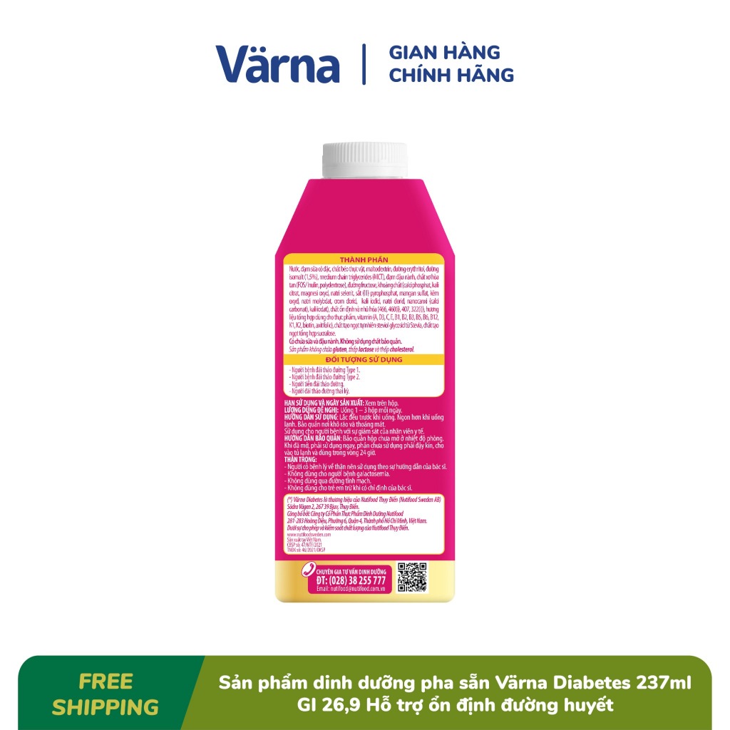 (BAO BÌ MỚI) Thùng 12 Hộp 237mL Sữa Bột Pha Sẵn Varna Diabetes (Ăn Kiêng - Tiểu Đường) - YOOSOO
