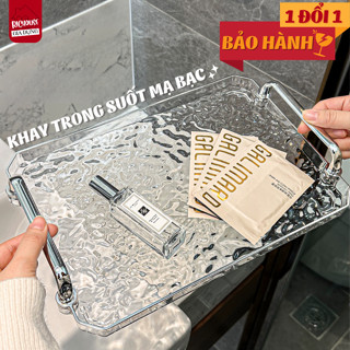 Khay Đựng Đồ Trong Suốt Nhựa Acrylic Cứng Cáp, Khay Úp Ly Cốc Có Tay Cầm Mạ Bạc Decor Siêu Đẹp
