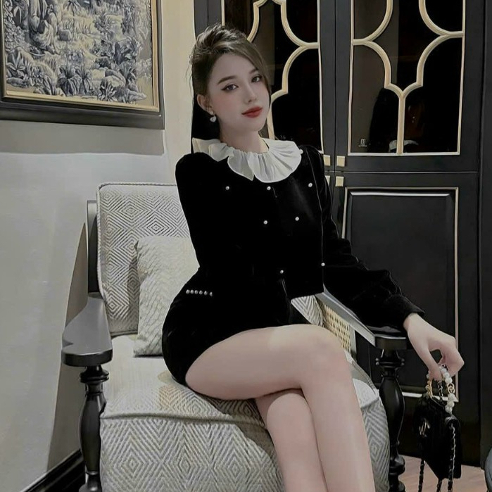 Set váy bánh bèo thời trang nữ đi chơi chất nhung cổ tròn phối bèo đính cườm tay dài váy lưng thun d