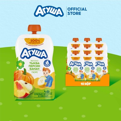 Thùng 10 Gói Trái cây nghiền vị táo, đào, chuối và bí ngô Agusha 90g/gói dành cho bé từ 6 tháng trở lên