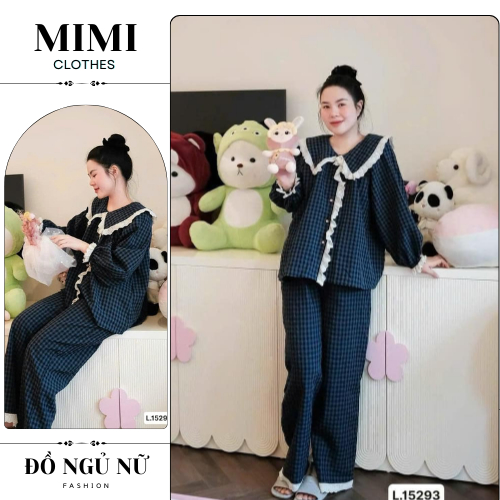 Bộ pijama nữ, bộ ngủ dài tay mặc nhà kẻ xanh cổ sen phối bèo siêu xinh MIMI CLOTHES hcom3320