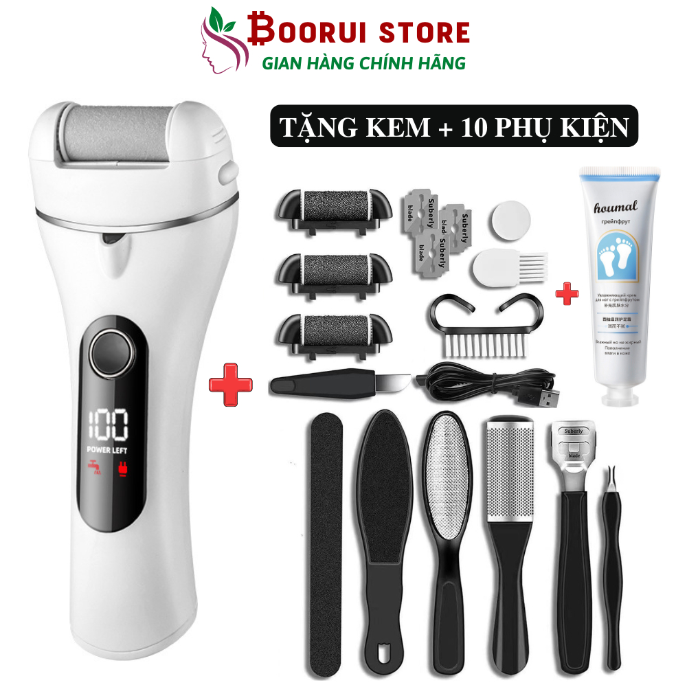 Máy chà gót chân cầm tay cao cấp Boorui CS-5680 + kem dưỡng, làm sạch da khô nứt, pin sạc USB
