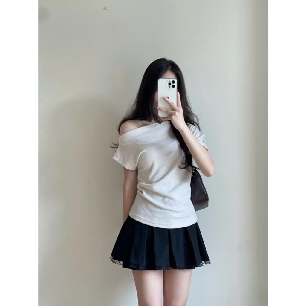 Áo trễ vai tay ngắn áo thun nữ phong cách tiểu thư thiết kế cánh rơi nhún eo điệu đà chất lông thỏ cao cấp A383-PANOSI | BigBuy360 - bigbuy360.vn