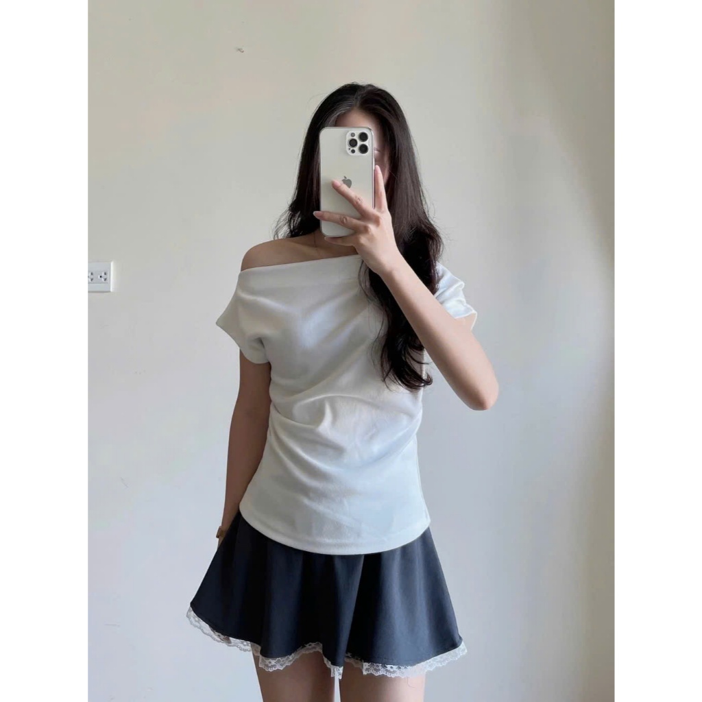 Áo trễ vai tay ngắn áo thun nữ phong cách tiểu thư thiết kế cánh rơi nhún eo điệu đà chất lông thỏ cao cấp A383-PANOSI | BigBuy360 - bigbuy360.vn