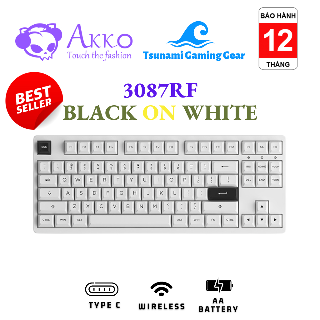 Bàn phím cơ AKKO 3087 RF Black on White | Wireless 2.4 Ghz | USB Type C