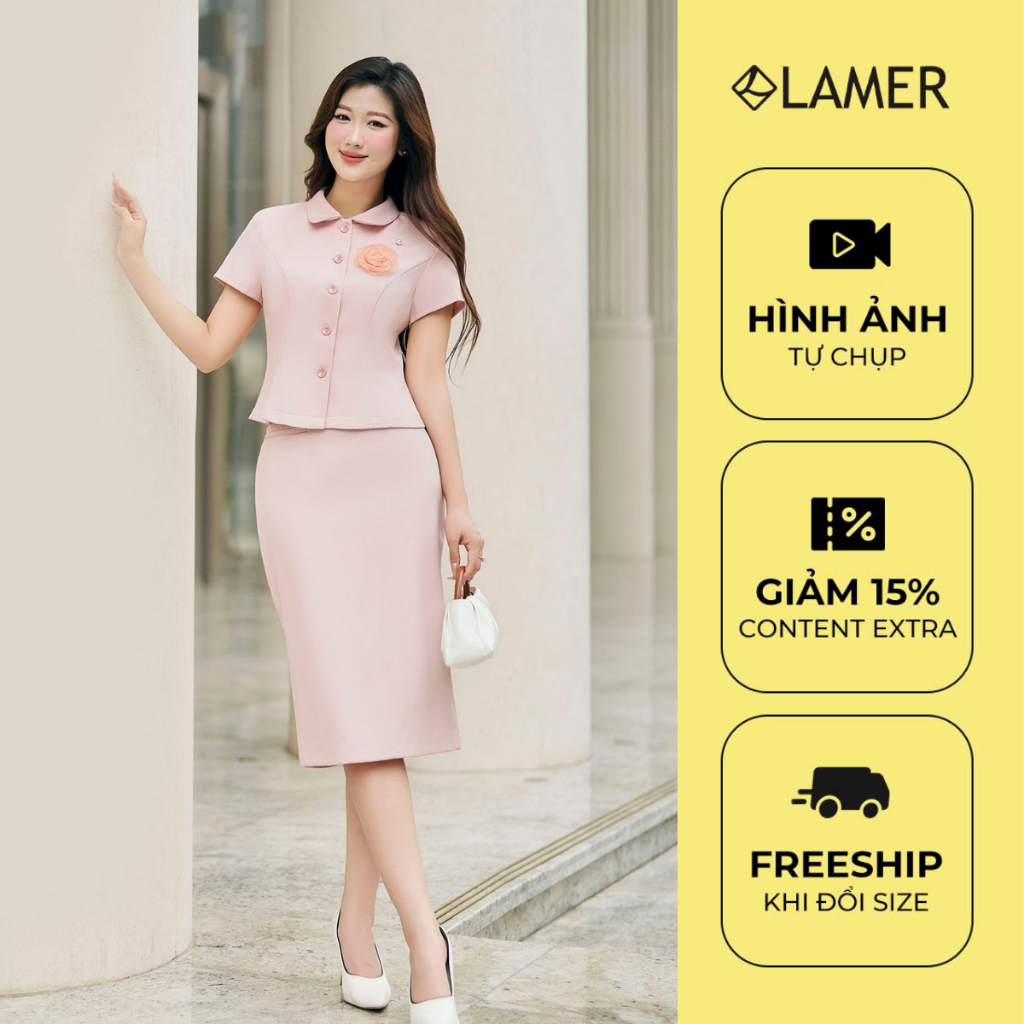 Áo Sơ Mi Cổ Sen Đính Hoa Ngực Phối Chân Váy Bút Chì Công Sở Dài Ngang Gối LAMER O65d24h001, O62f24h003