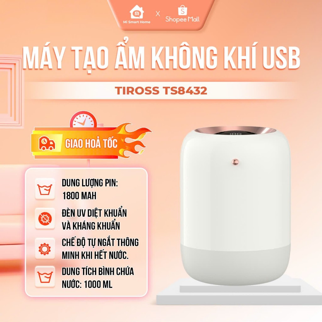 Máy Tạo Ẩm Không Khí Tiross Mini USB TS8432 Tích Điện,Đèn UV Diệt Khuẩn,Chế Độ Tự Ngắt An Toàn