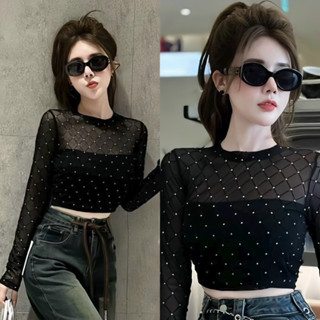 Áo lưới đính đá tay dài kèm áo bra bên trong form croptop Lem