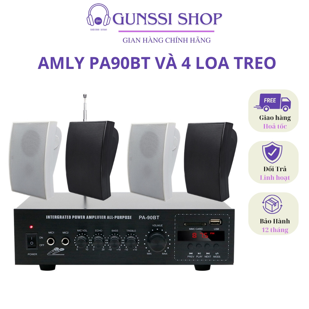 Combo Amply bluetooth GUNSSI PA-90BT và 4 loa treo tường BG-04 đánh siêu hay quán cafe, spa...có không gian vừa
