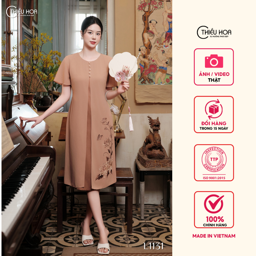 Đầm kiểu nữ trung niên sang trọng, chất liệu Chiffon phối Lụa Latin Hàn mềm mịn mát, thương hiệu Thiều Hoa DD3L1131