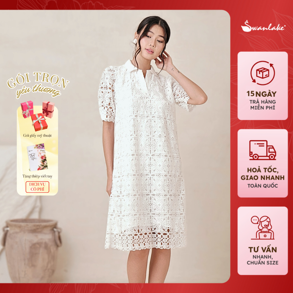 SWANLAKE | Váy Đầm Ren Lưới Suông Dài Qua Gối Cổ Polo Tay Ngắn Lớp Lót Lụa Hàn Cao Cấp - D11829