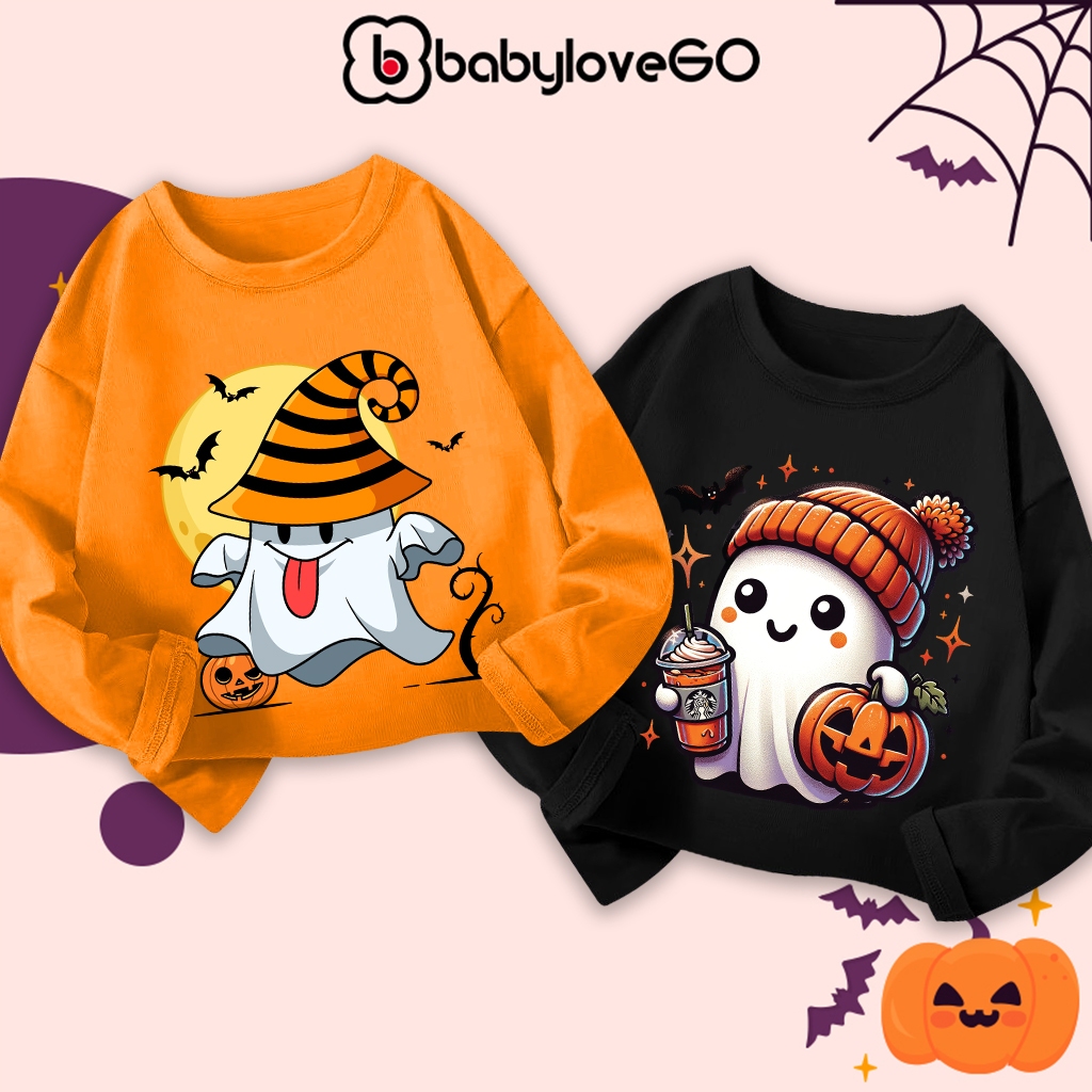 Áo thu đông dài tay Happy Halloween cho bé BabyloveGO, áo thun cổ tròn chất cotton mềm nhẹ thoáng mát